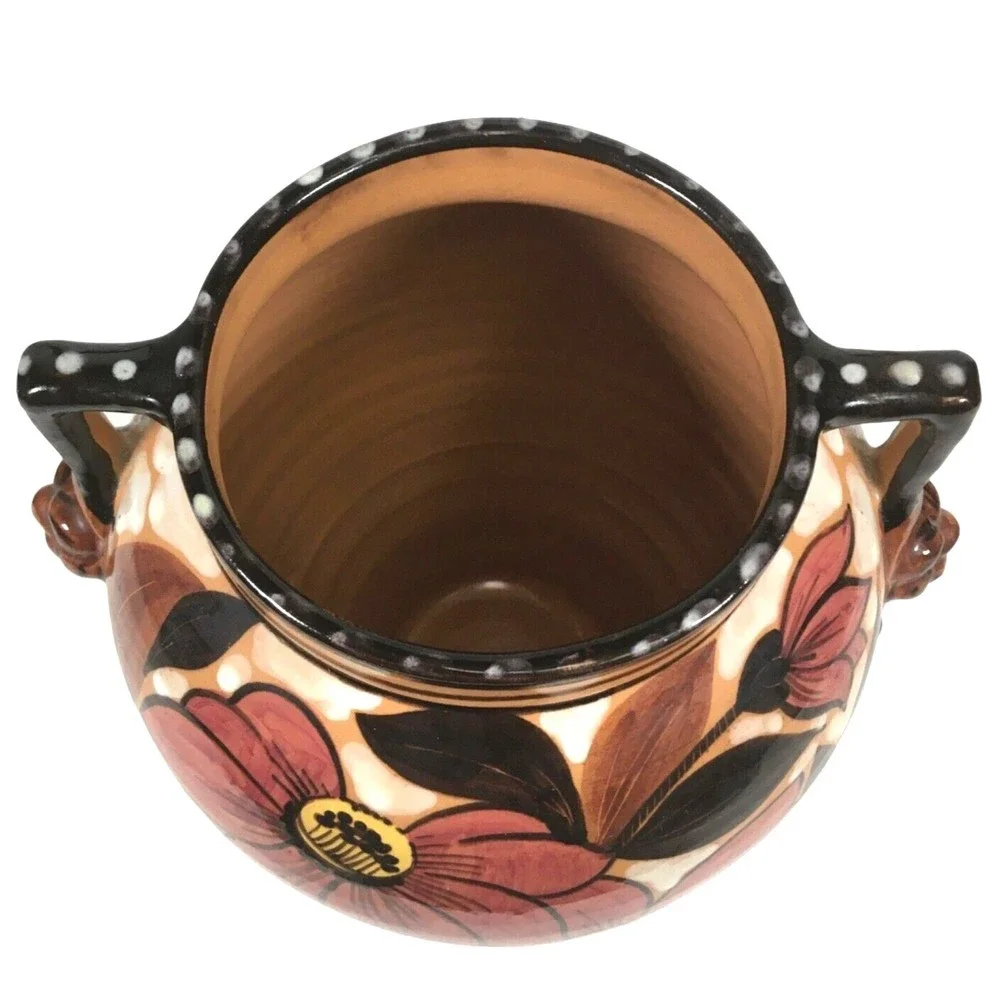 Lion Head Italian Vase Ceramic Glazed Double Handle Floral 7.5” Italy Signed
